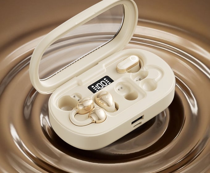 The 6-in-1 Earbuds case in cream, open, with its battery screen showing 100