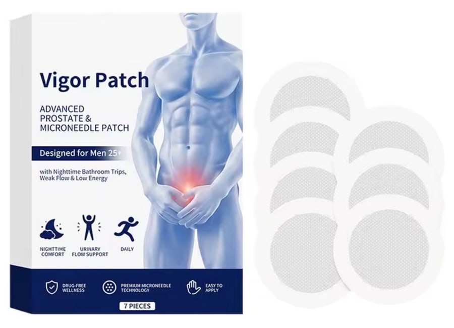 A box of Vigor Patch beside its seven round patches