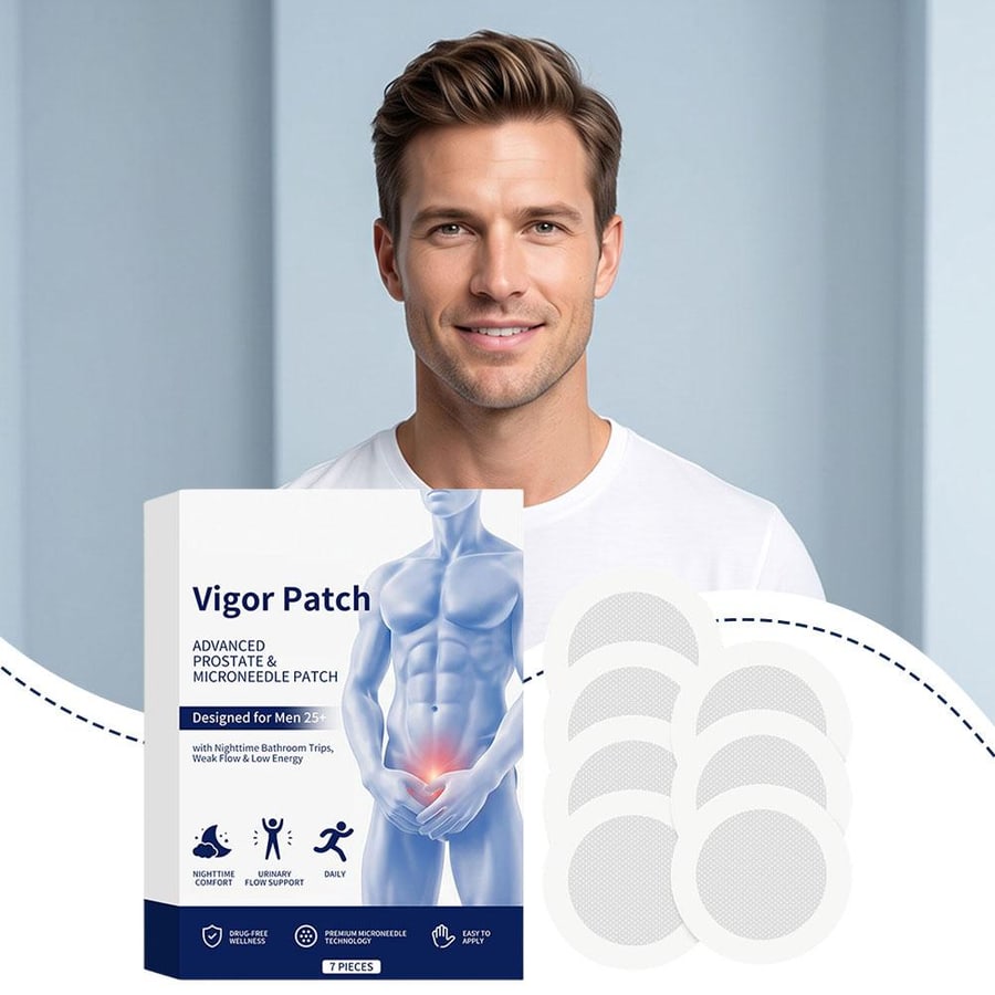 A man behind a box of Vigor Patch and its seven patches