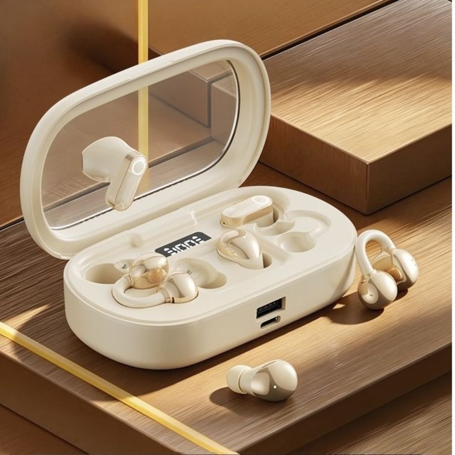 The 6-in-1 Earbuds case with its three kinds of earbuds: clip-on, short-stem and tiny sleep buds