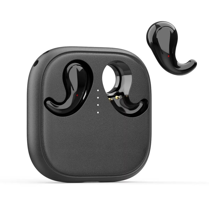 The Sleep Earbuds in their charging case, with one earbud beside it
