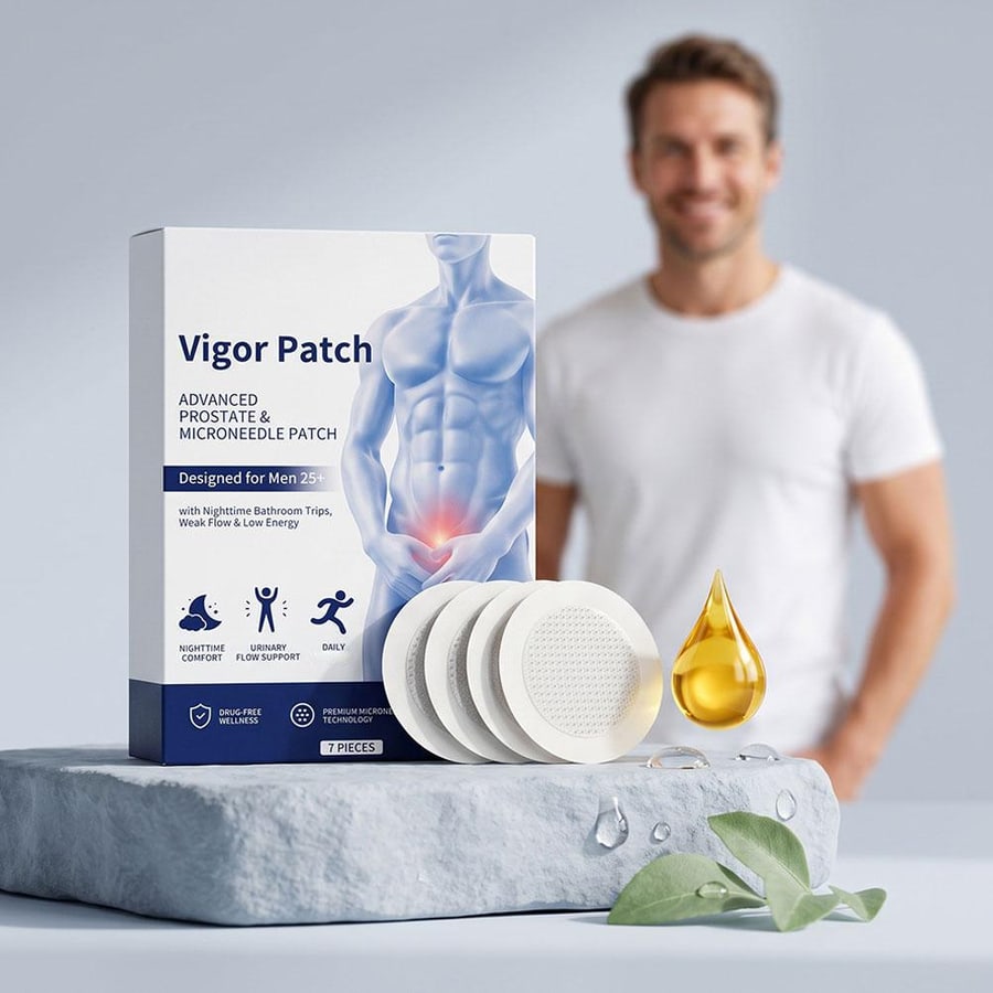 A box of Vigor Patch with four of its round patches