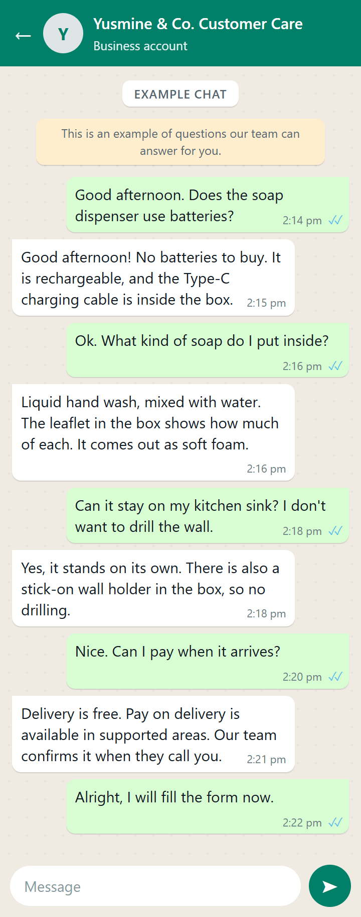 An example chat with questions about the Automatic Soap Dispenser