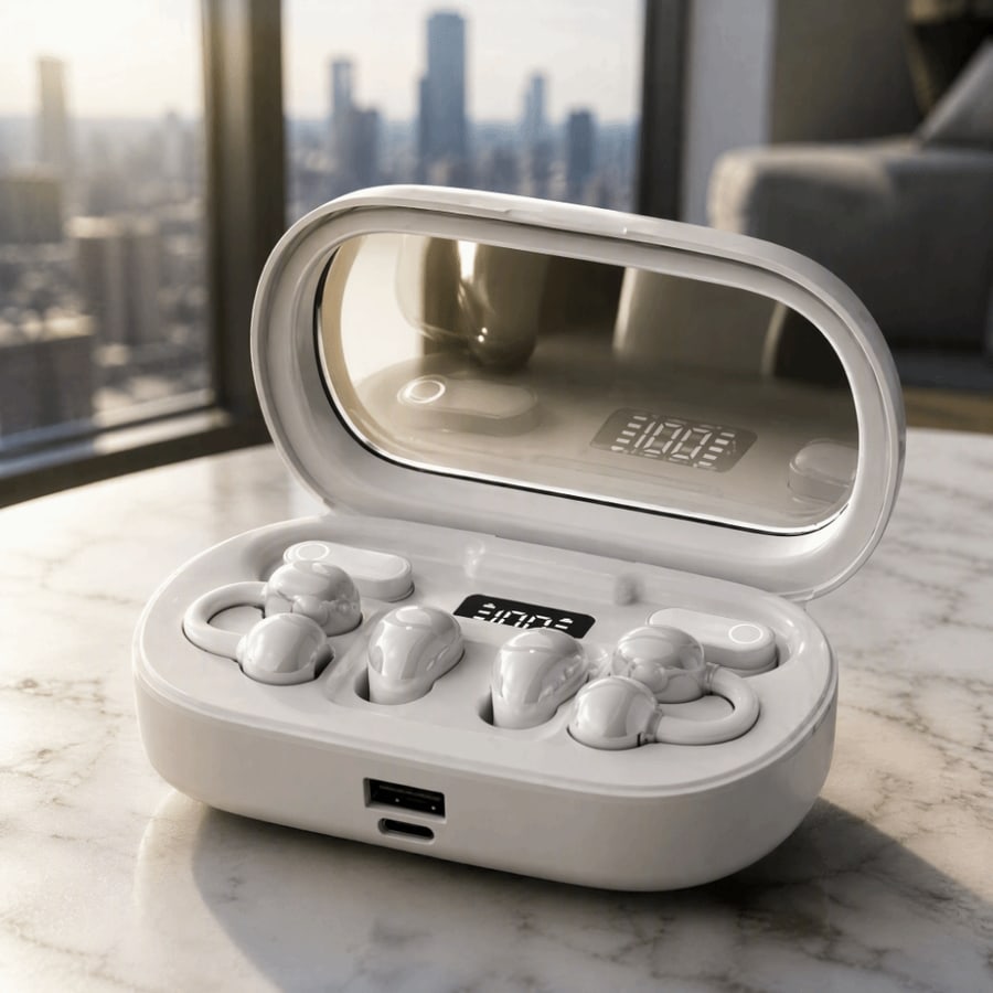 The 6-in-1 Earbuds case open on a table, with its six earbuds, its battery screen and its two ports