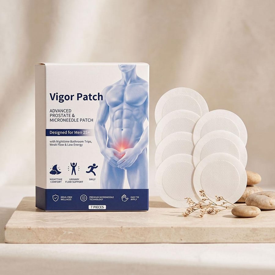 A box of Vigor Patch beside its seven round patches